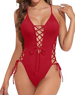 Tempt Me Women Sexy Lace Up One Piece Swimsuit Deep Plunge V Neck Bathing Suits, Red, Medium Price In India