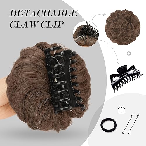 Miniatura 5 de FESHFEN Moños de pelo con clip de garra, moño desordenado, color negro, marrón y rubio, rizado, ondulado, recogido, moño sintético, moño para mujer,