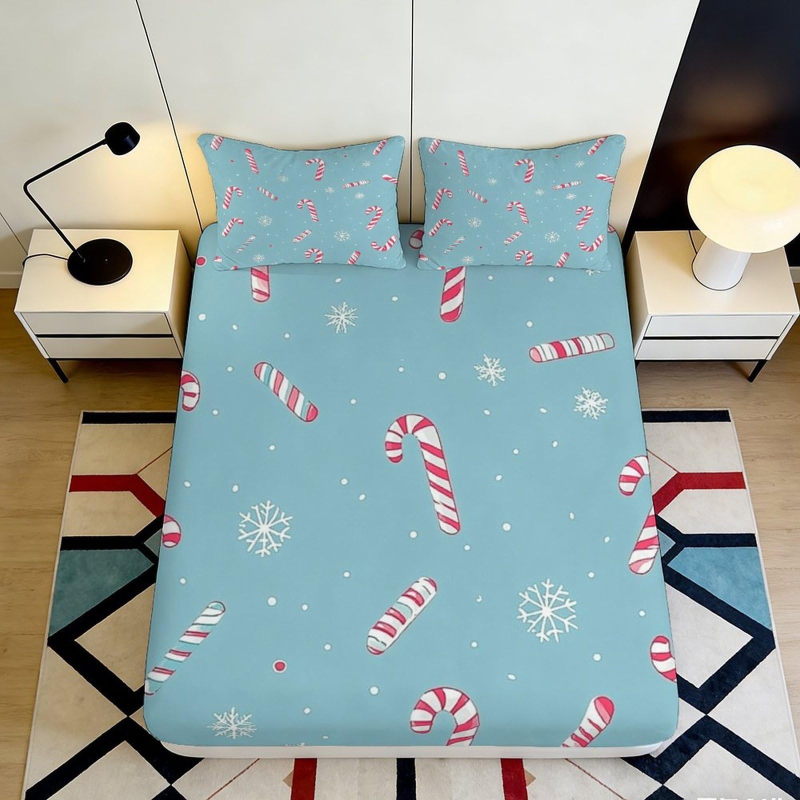 Pnayamiorkfel Style-6 3D Printed Candy Cane Snowflake Fitted Sheet Microfiber Anti-Slip Machine Washable Bed Cover For Bedroom Guest Room Decor 90X200x25cm