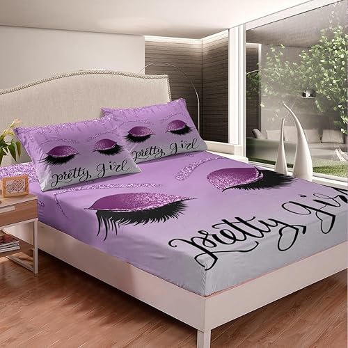 Miniatura 7 de Erosebridal Sábana bajera ajustable de pestañas grises de unicornio, tamaño individual, para niños, niñas y mujeres, juego de ropa de cama con
