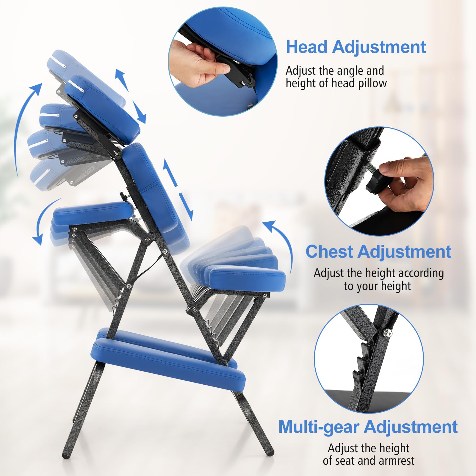 GOPLUS - Silla de masaje plegable con altura ajustable 110-120 cm, cojín con 24D esponja elástica de buena recuperación, diseño ergonómico, bolsa de transporte, carga 150 kg (azul)