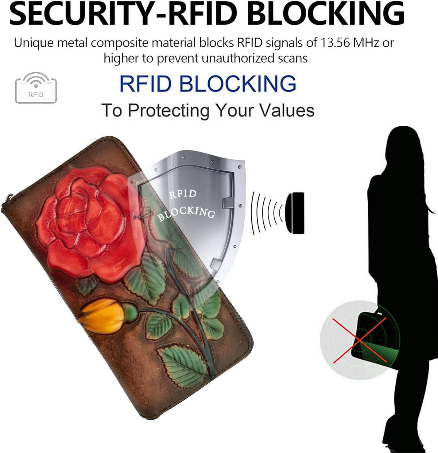 Wallet Genuine Leather for Women - with RFID Blocking Card checkbook ID Slot Large Capacity Vintage style (big rose coffee) - Image 2