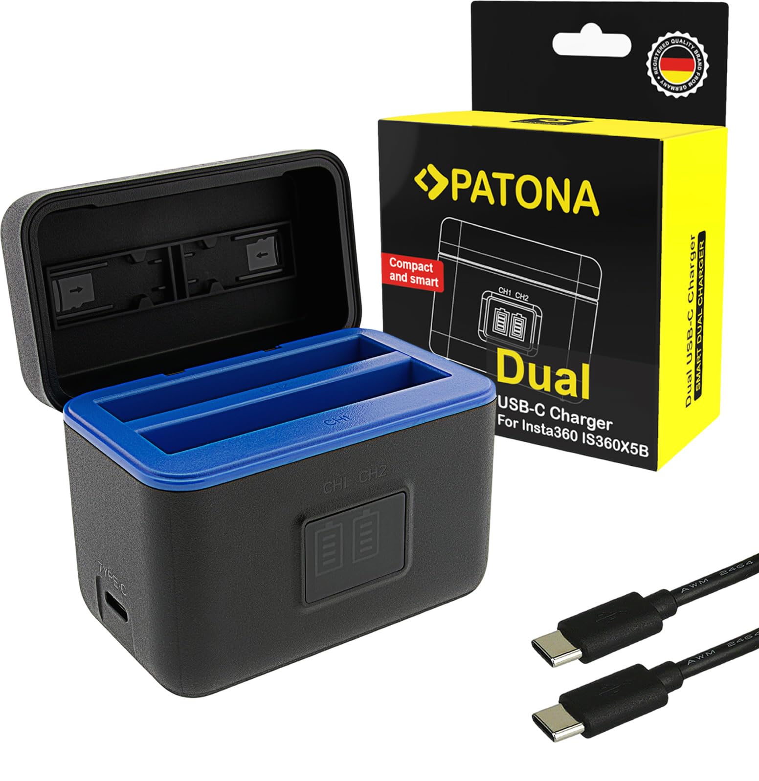 PATONA Caricabatterie doppio per Insta360 X5 batteria CINSBAHA – USB-C Scatola portaoggetti per 2 batterie e microSD, ingresso 5V 3A, cavo USB-C compatibile con action cam, compatto e leggero