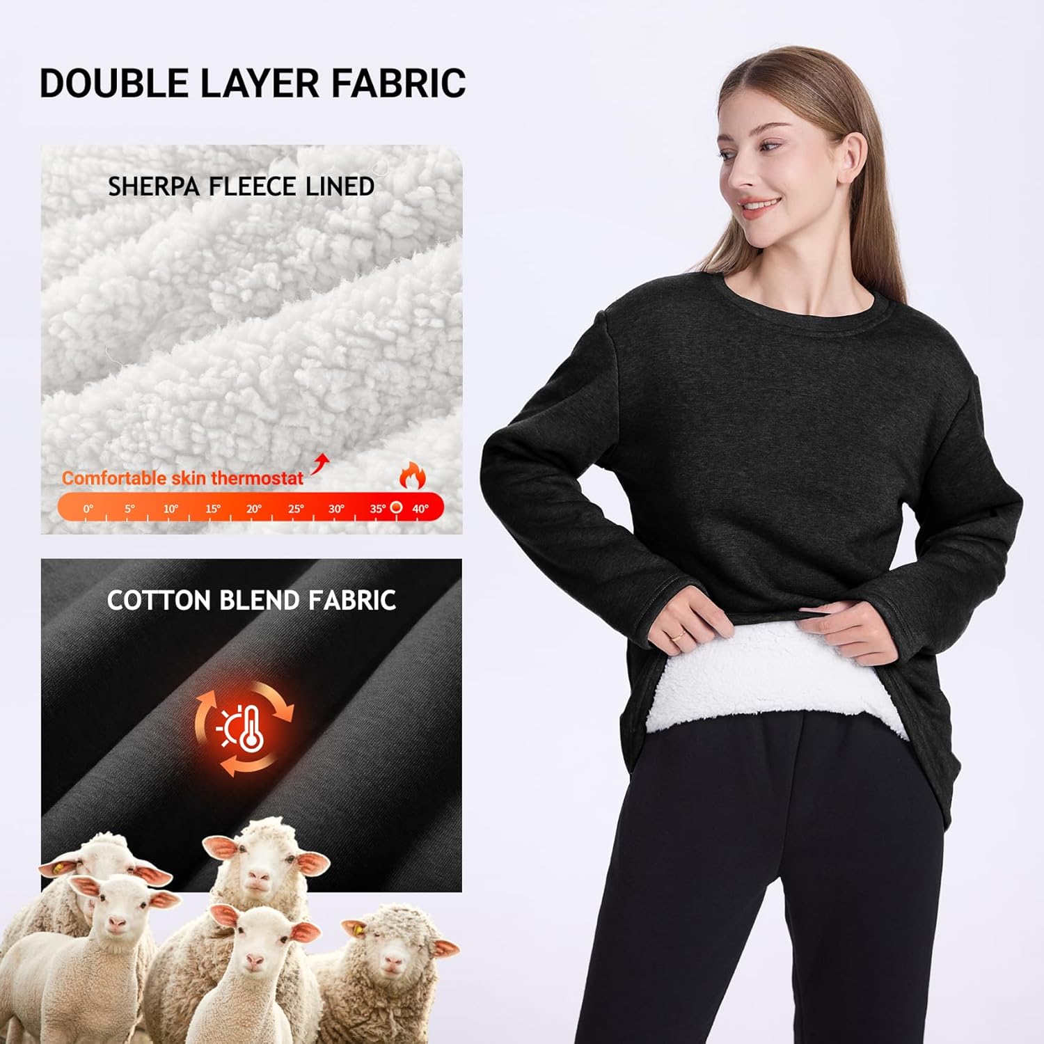 PEHMEA Women's Warm Sherpa Lined Fleece Pullover Winter Crewneck Sweatshirt Loungewear Tunic Tops - Image 4