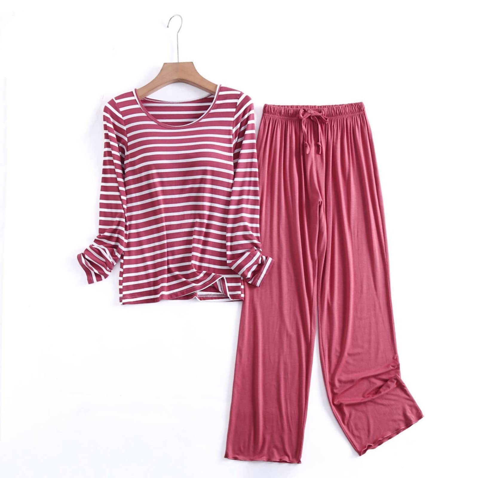 Pijama de Franela para Invierno y otoño para Mujer y Hombre, Conjunto de Sujetador y Almohadillas de algodón Puro para Mujer, Estampado de Rayas Rojas de Moda, Manga Larga + Pantal