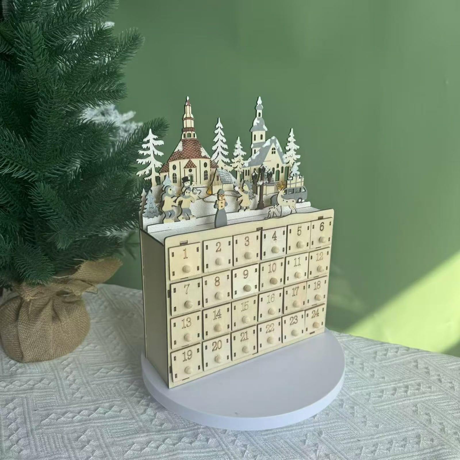 Calendario de Adviento con luz LED de madera con 24 cajones, calendario de cuenta regresiva para decoración de escritorio, decoración única de Navidad