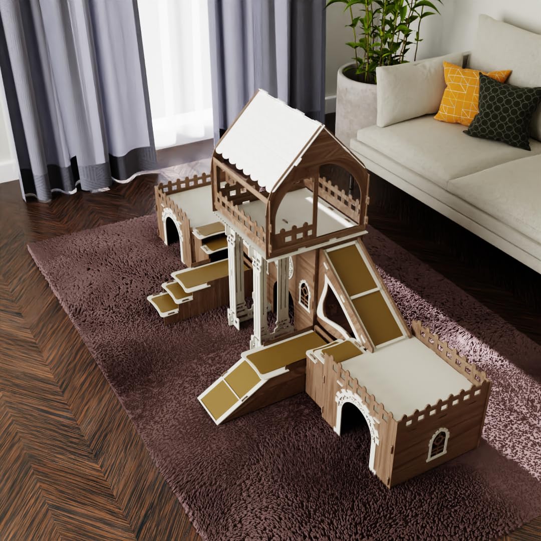 Colony Kaninchenhaus – 3 Etagen mit Terrasse & Holzbrücke – Für 4 Kaninchen geeignet – Indoor Stall aus Holz – Mit Rampen & Kissen – Modernes Kleintiermöbel (Eiche-Weiß, N)