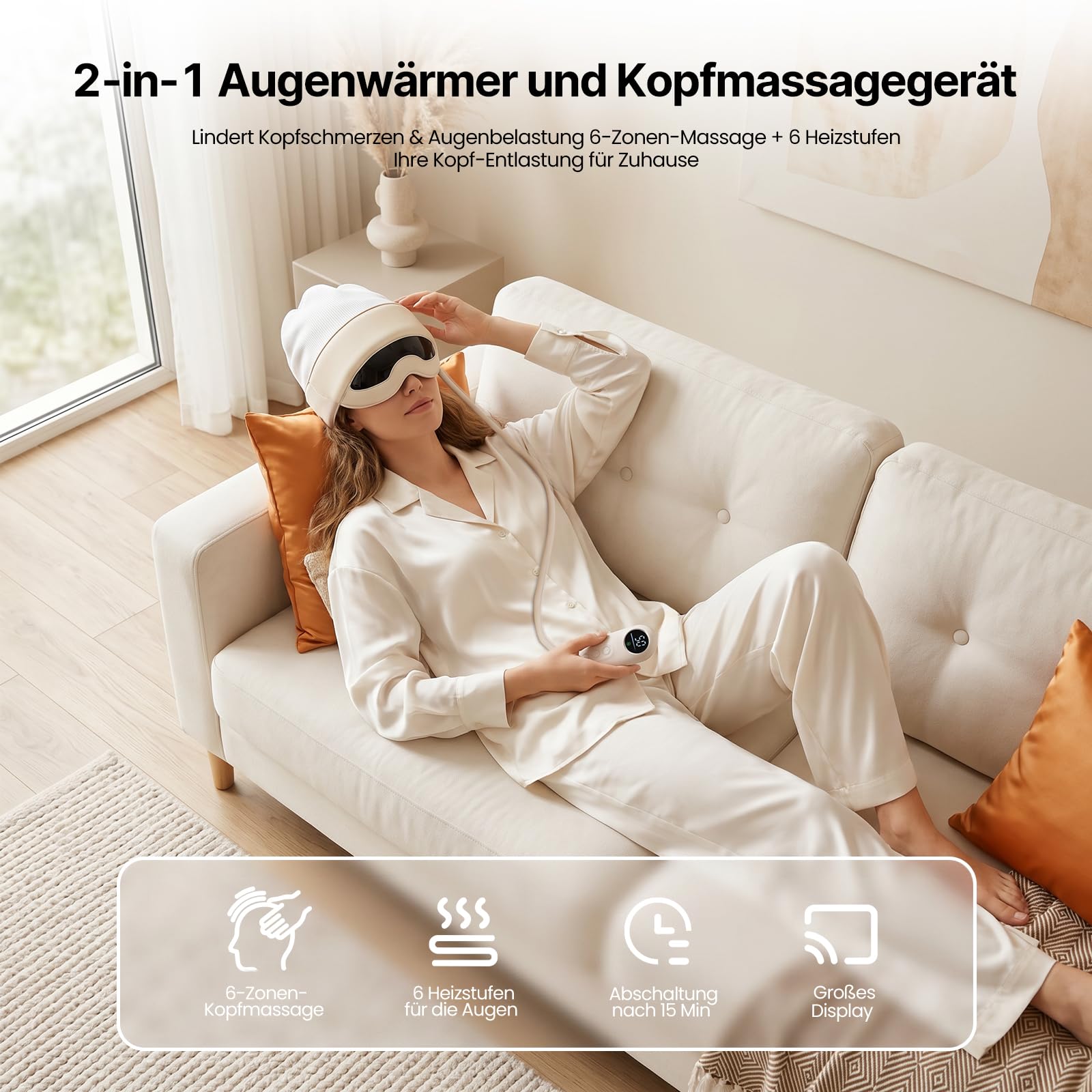 Kopfmassagegerät Elektrisch 2 in 1 für Kopf und Augen 6 Zonen Knetmassage 6 Stufen Wärme Sichtfenster Kabellos Tragbar Entspannung Kopfschmerzen Augenpflege Geschenk Männer Frauen