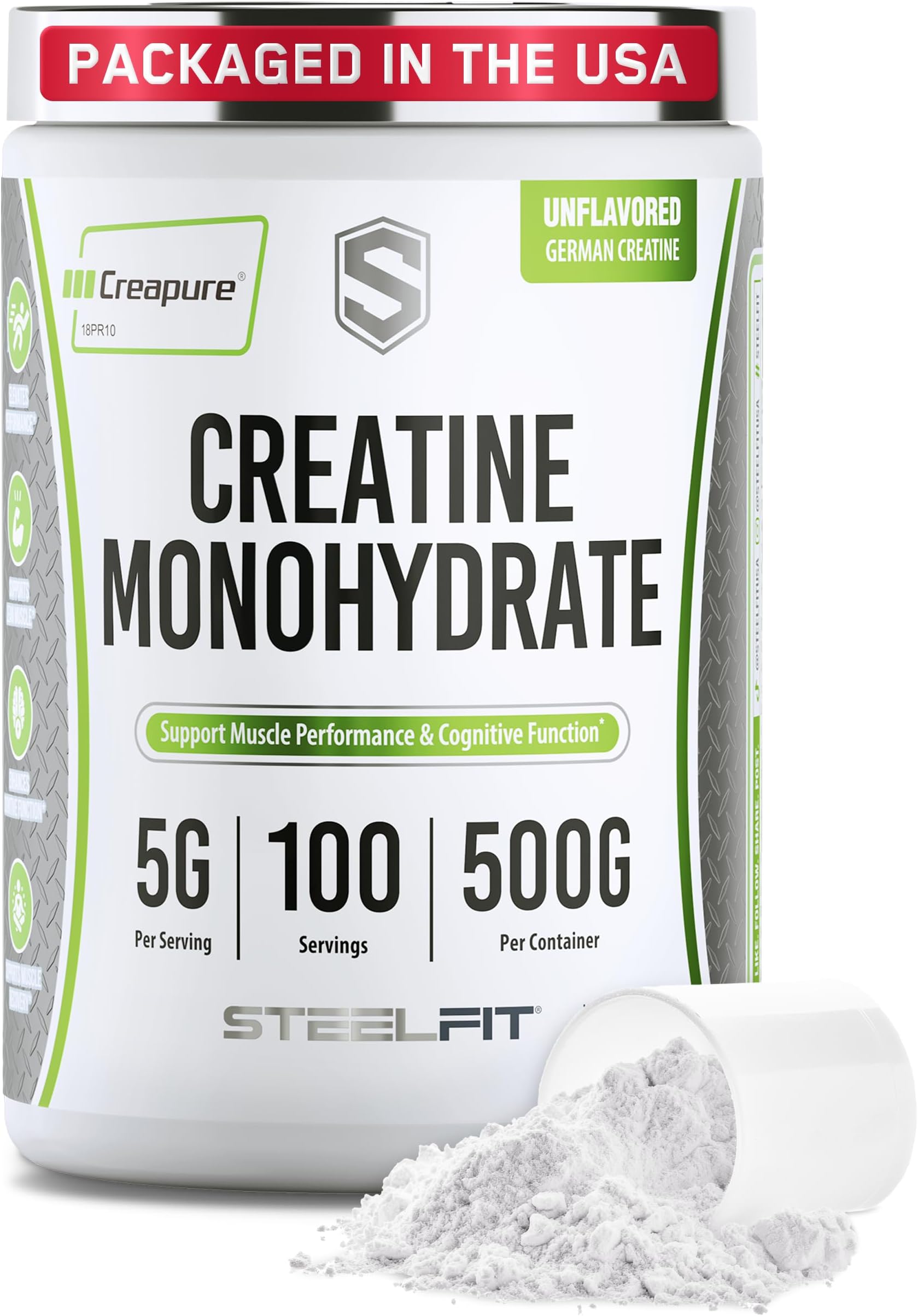 SteelFit Creapure Creatine Monohydrate Powder, Unflavored - German Micronized Creatine Powder for Men & Women - Gym Workout Nutritional Supplements for Muscle Gain, Brain Health & Strength Building
