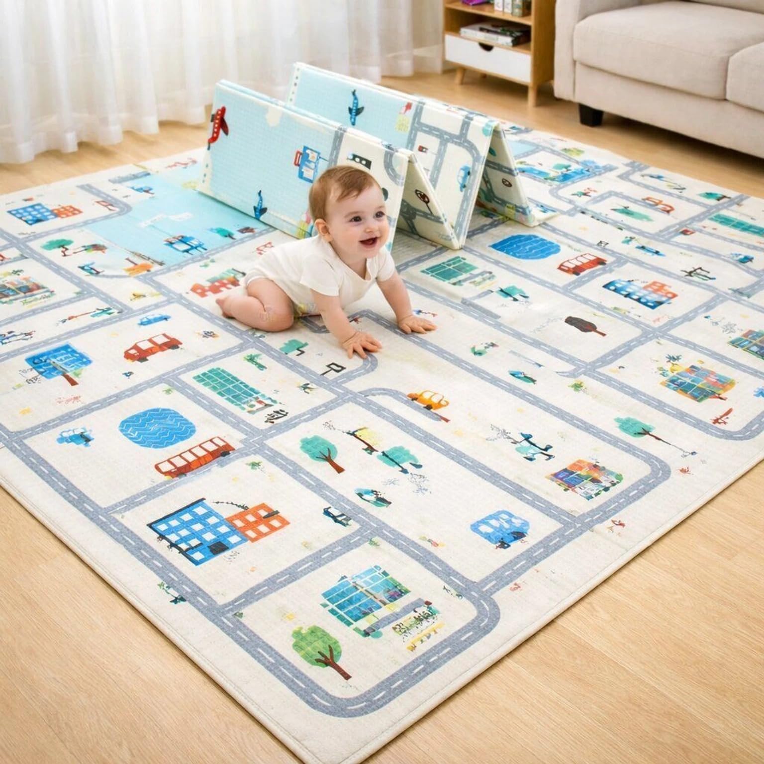 SCAVENGE Baby Play Mat Foldable Foam Crawling Mat, City Road Design | Double-Sided Pattern, Non-Slip Surface, Waterproof Foam, Infant & Toddler, Easy to Fold-image-11