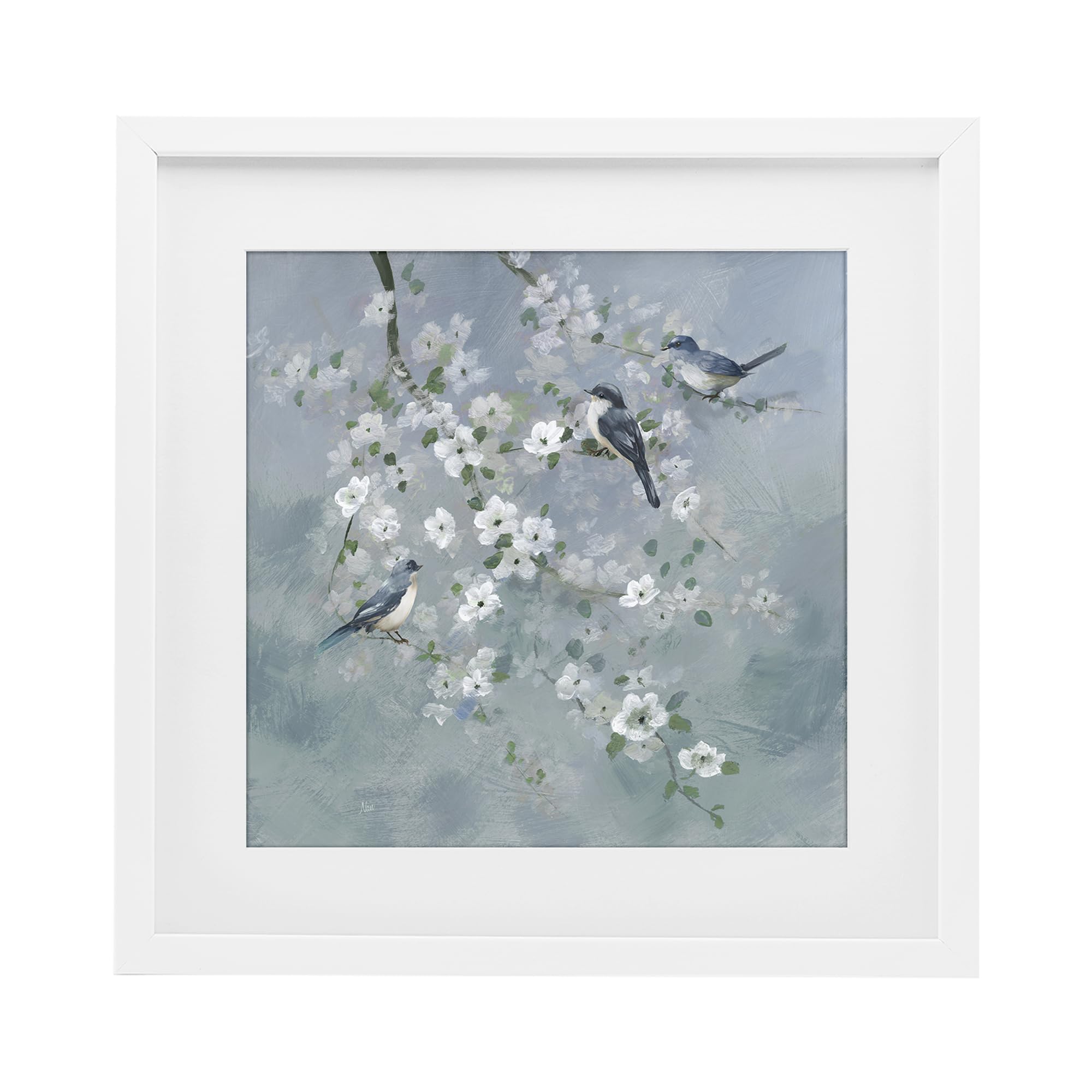 Serene Birds and Blossoms, 16 x 16 Inch Framed Print Under Glass
