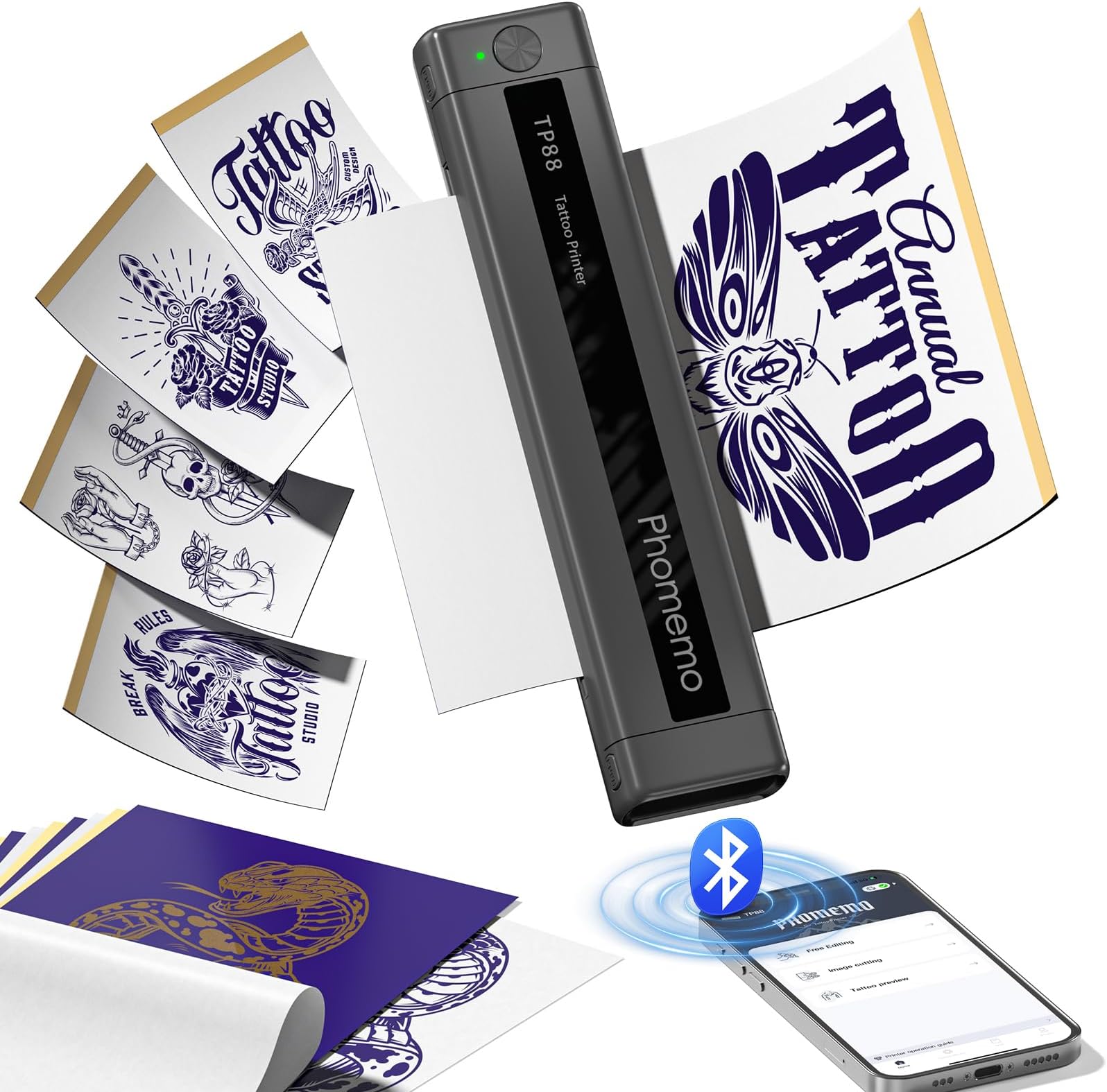 TP88 Tattoo Transfer Stencil Printer- Thermal Tattoo Printer with 10pcs Transfer Paper, Bluetooth Tattoo Machine for Tattoo Artists, Compatible with Smartphone & PC