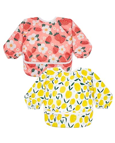 babygoal Waterproof Baby Bibs with Long Sleeves, Reusable Mess Proof Smock Bib for 6-24 Months - Strawberries and Lemons - Lace-up