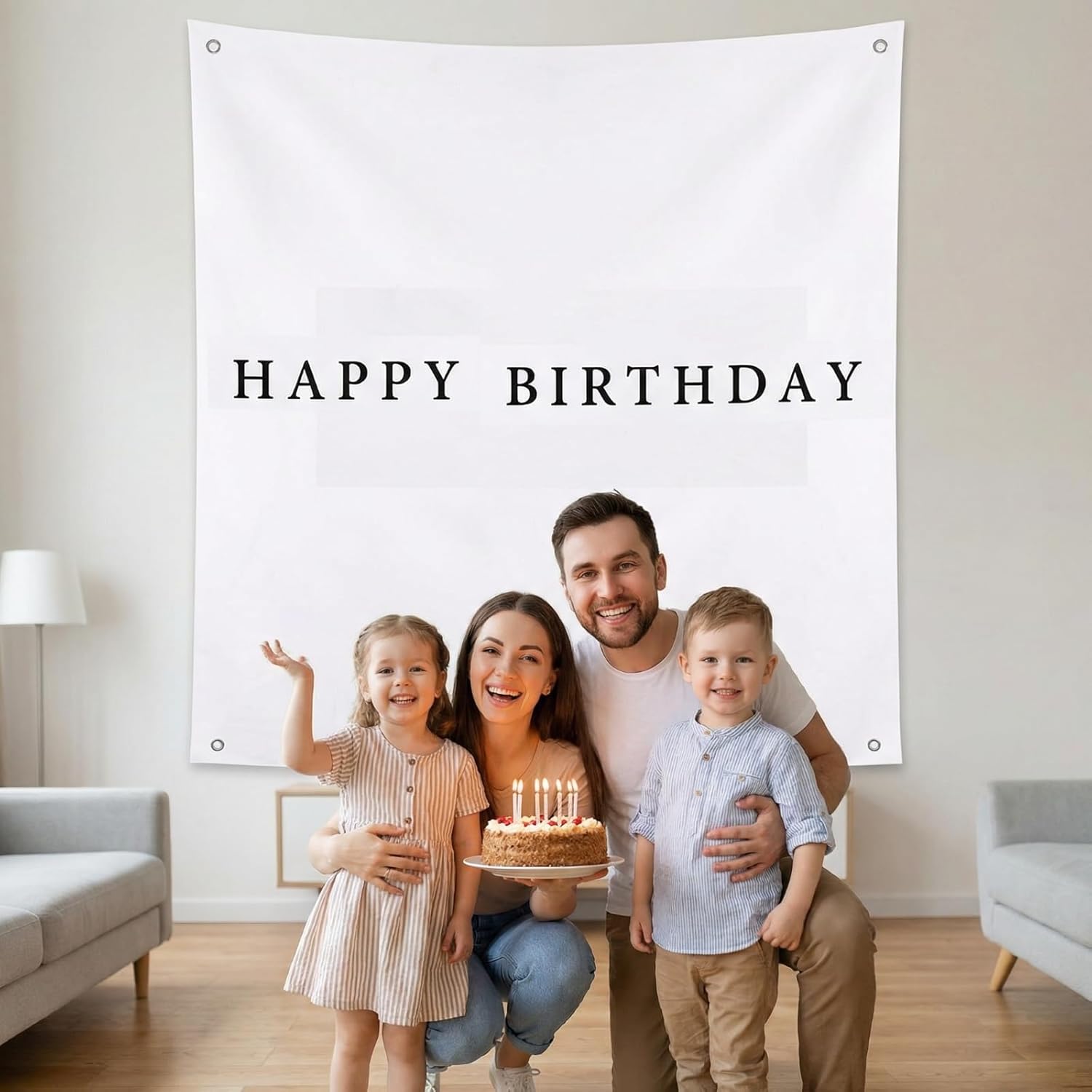 Oudain 59x59 Inch Happy Birthday Burlap Banner, Fabric Party Decorations Backdrop, Boho Rustic Photo Props Sign with Hanging String for Birthday Party Indoor Outdoor Yard Wall Decor