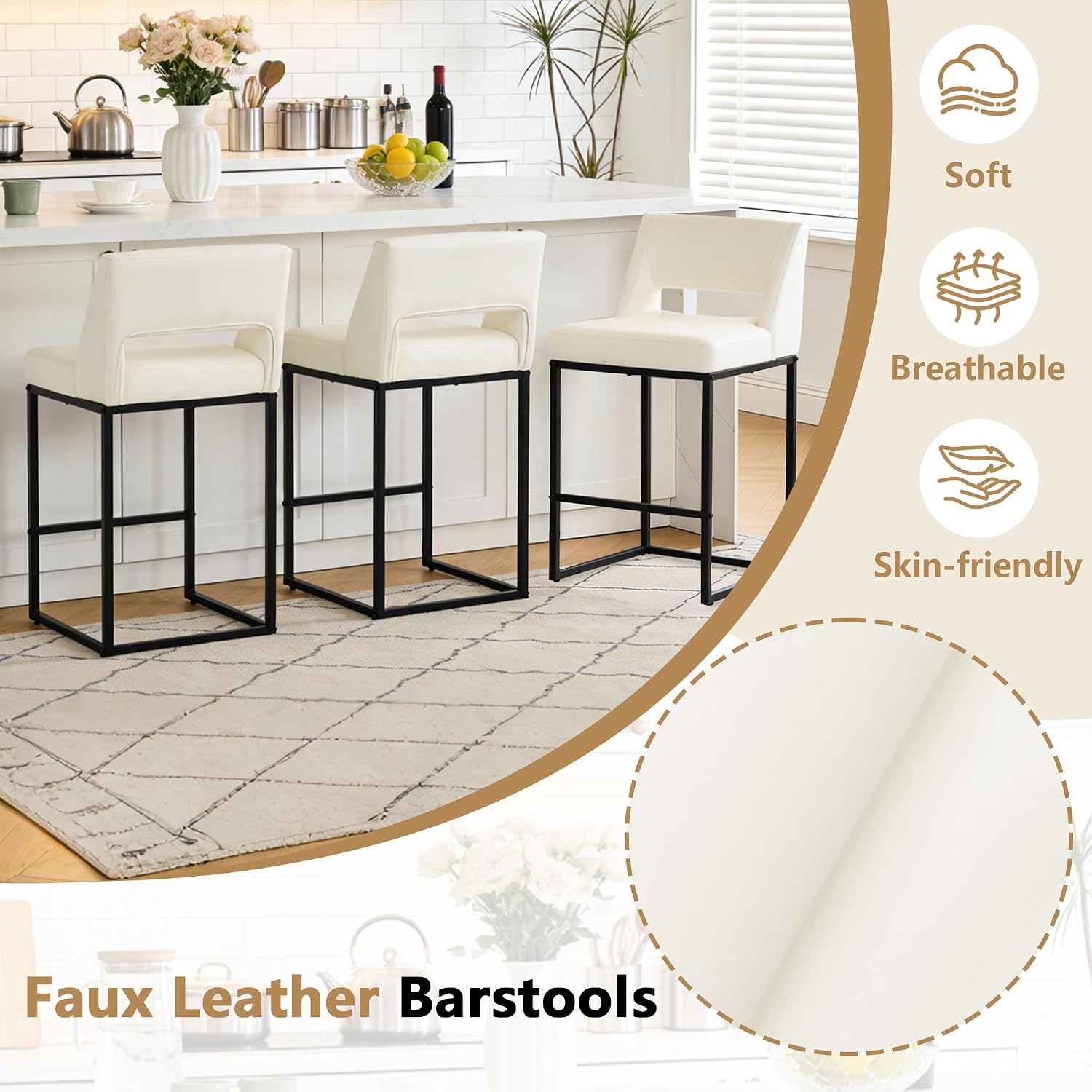 ClinQ Counter Height Bar Stools Set of 2, Hollow Back Kitchen Island Barstools, Upholstered Faux Leather Counter Stools with Metal Frame, Stools for Kitchen Counter, Bar, Restaurants, Cafés, Beige