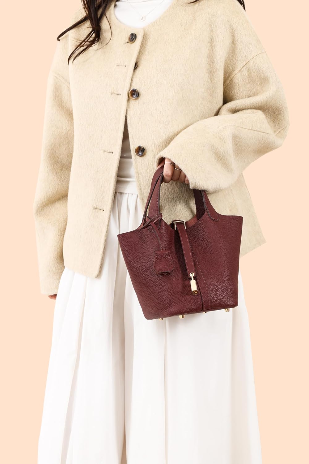 Women's Tote Bag with Decorative Lock, Crafted from Full-Grain Calfskin with a Rich Texture, Available in Black and Beige,