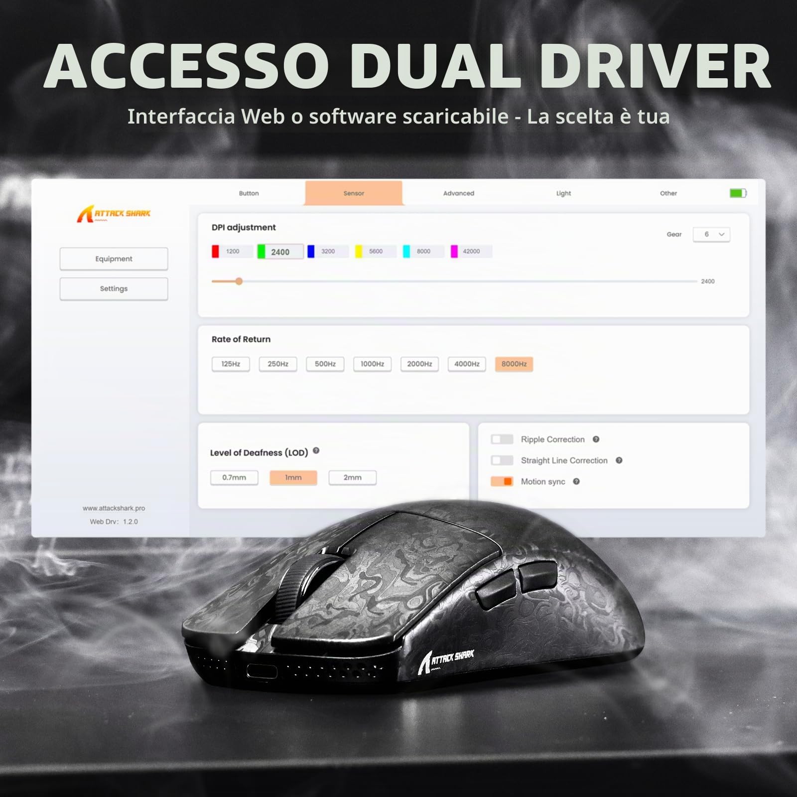 ATTACK SHARK R11 ULTRA Mouse Gaming Wireless 8000Hz in Fibra di Carbonio, 49g SUPERLIGHT, 42000 DPI, 20000 FPS, Nordic 52840, PAW3950MAX, Copristrato Ice-Feel, BT/2.4G/Cabalto, PC/Mac, Nero Forgiato