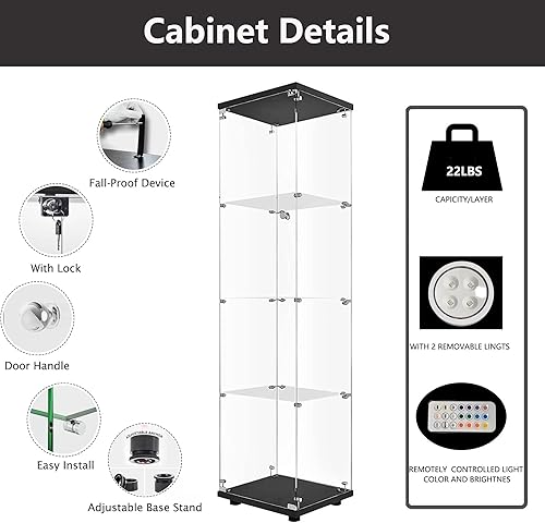 Miniatura 3 de Zacis Vitrina de cristal con luces y cerradura, vitrina Curio de 4 niveles con puerta de cristal, escaparate de pie para sala de estar, dormitorio,