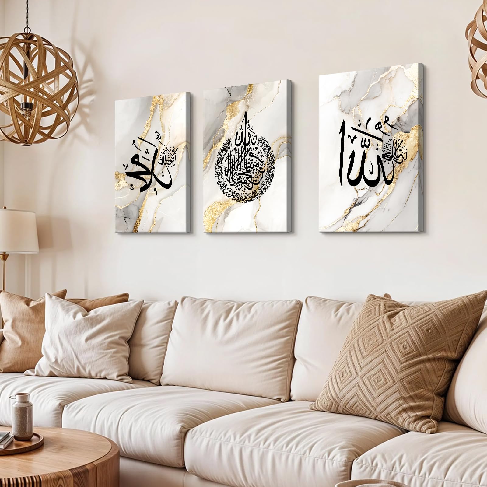 Set of 3 Grey White Gold Marble Wooden Framed Canvas Wall Art Muslim Arabic Islamic Calligraphy Ayat Al Kursi Canvas Prints Pictures for Living Room Bedroom Kitchen Hallway Wall Decor 30x40cm x 3pcs - Image 2