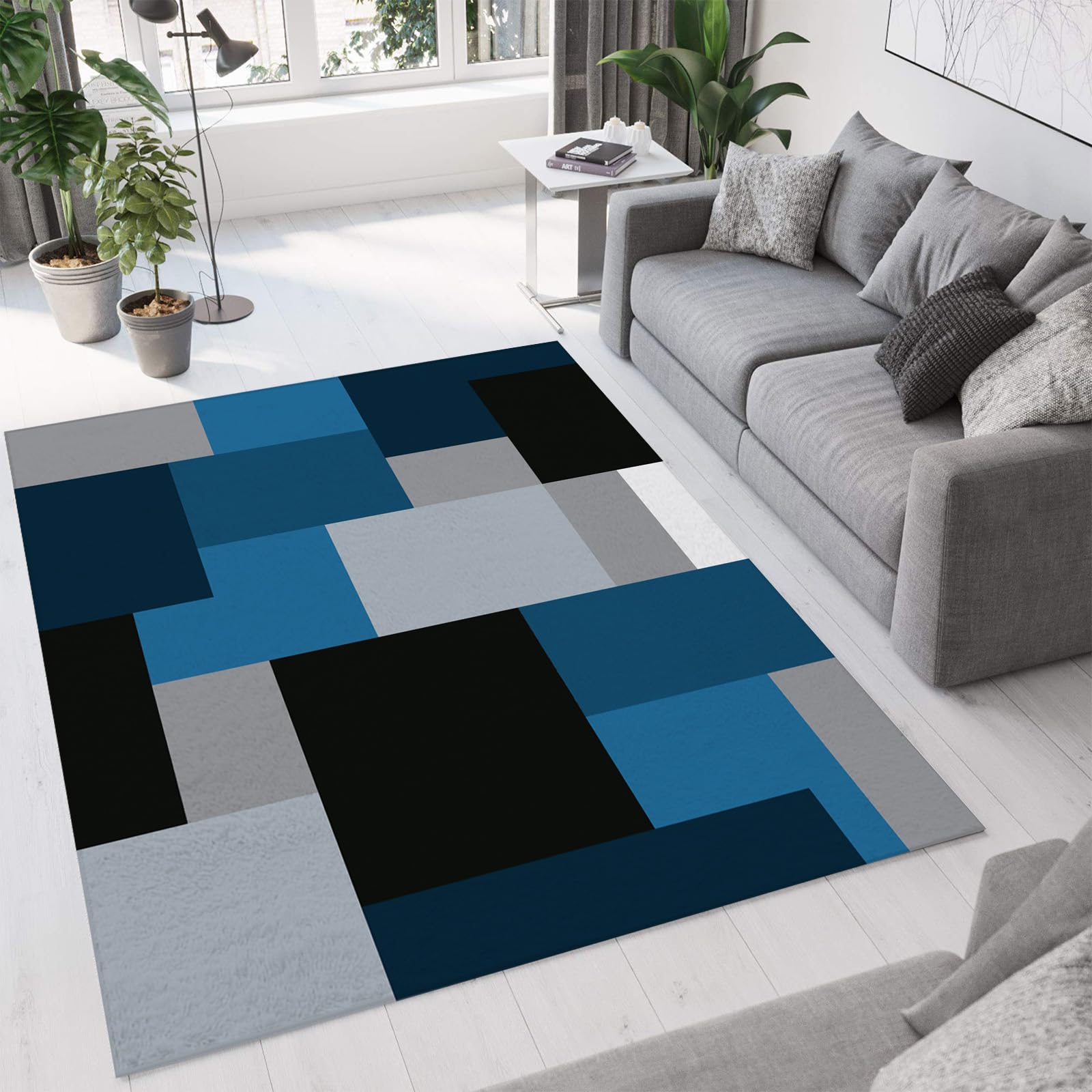 Tapis de salon géométrique bleu gris pour chambre et grand bureau