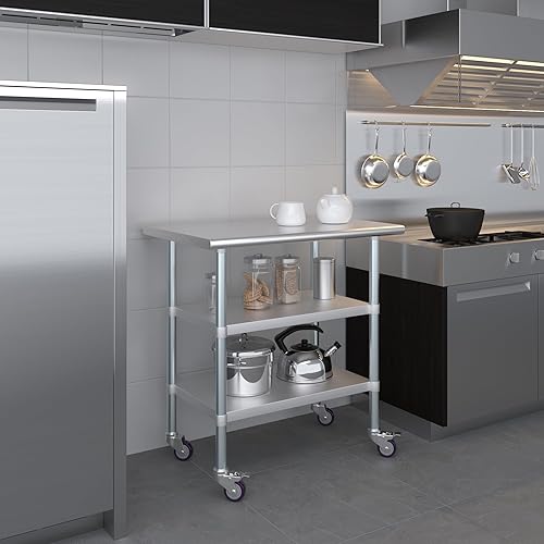 Miniatura 212 de AmGood Mesa de trabajo de acero inoxidable con 2 estantes y ruedas Mesa de trabajo de metal con ruedas