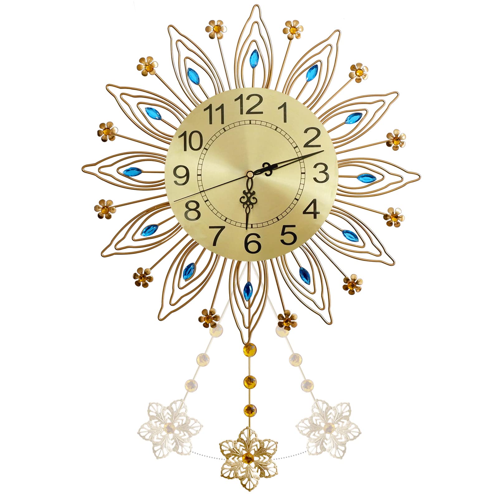 Modern Wall Clock with Pendulum Decor,Metal Sunflower Pendulum Clock,Silent Battery Operated Clock for Living Room,Kitchen Wall Decor(Peacock)