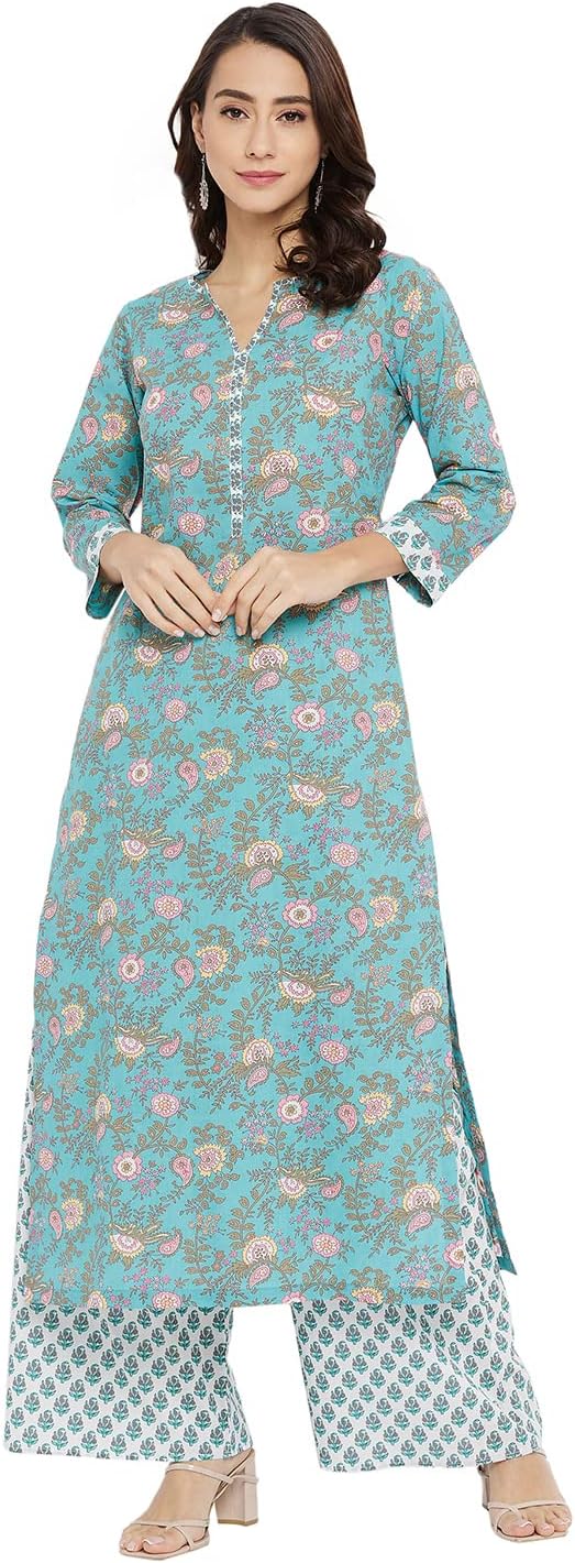 TissuWomen's Cotton Sea Green & Pink Floral Printed Kurta with Palazzo