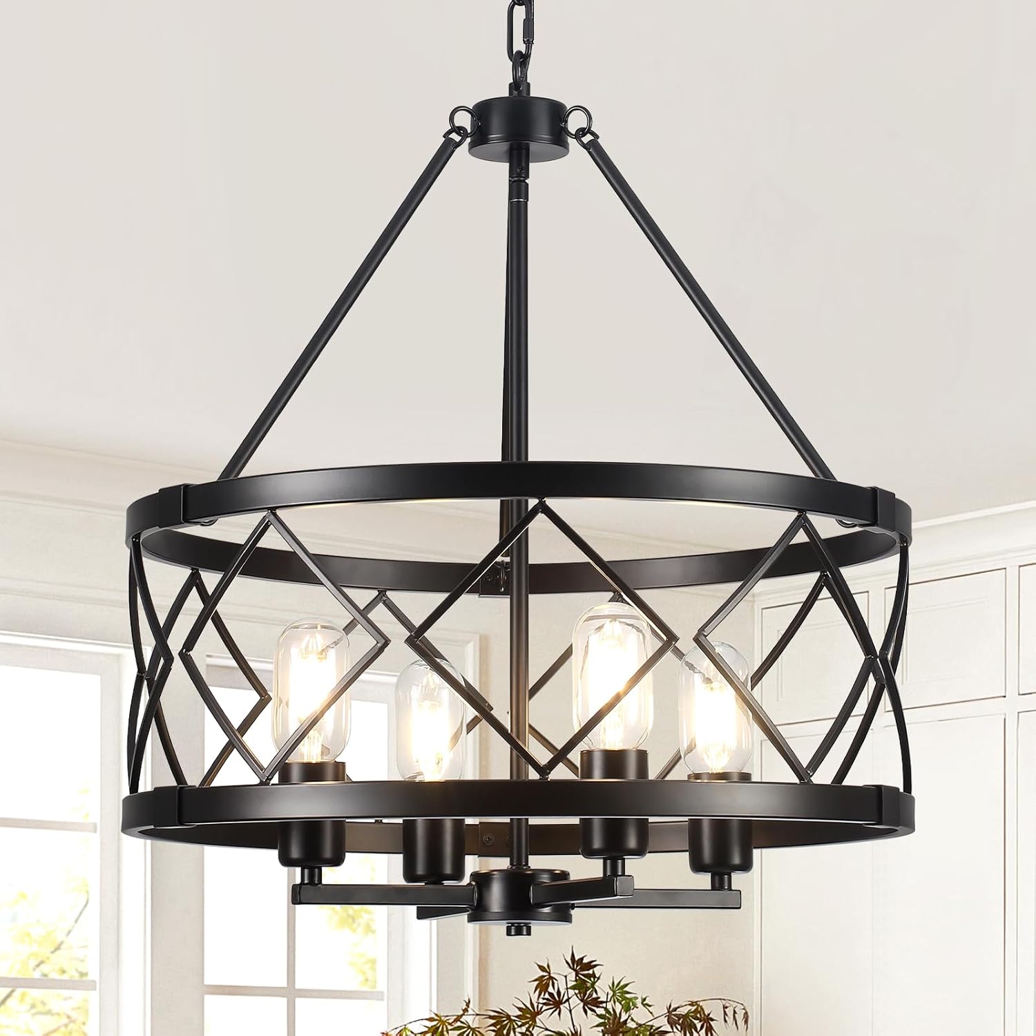 17.71'' Farmhouse Chandeliers for Dining Room, 4-Light Black Rustic Chandelier Foyer Lighting Fixtures, Modern Drum Chandelier Hanging Light Fixture for Kitchen Entryway Bedroom Living Room