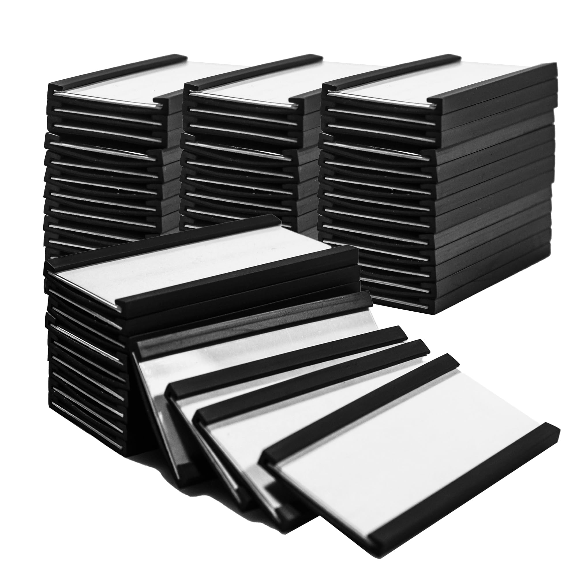 100 Pack Magentic Label Holders 1x2 Inch, C Channel Magnetic Data Card Holders, Magnetic File Cabinet Labels with White Paper Inserts and Clear