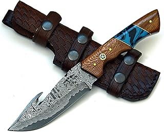 Damascus Hunting Knife Skinning Knifes with Sheath Leopard Wood Handle - Perfect for Camping, Survival and Tactical Use - Hunting Knives fo Men Customized Knives - SHOKUNIN USA