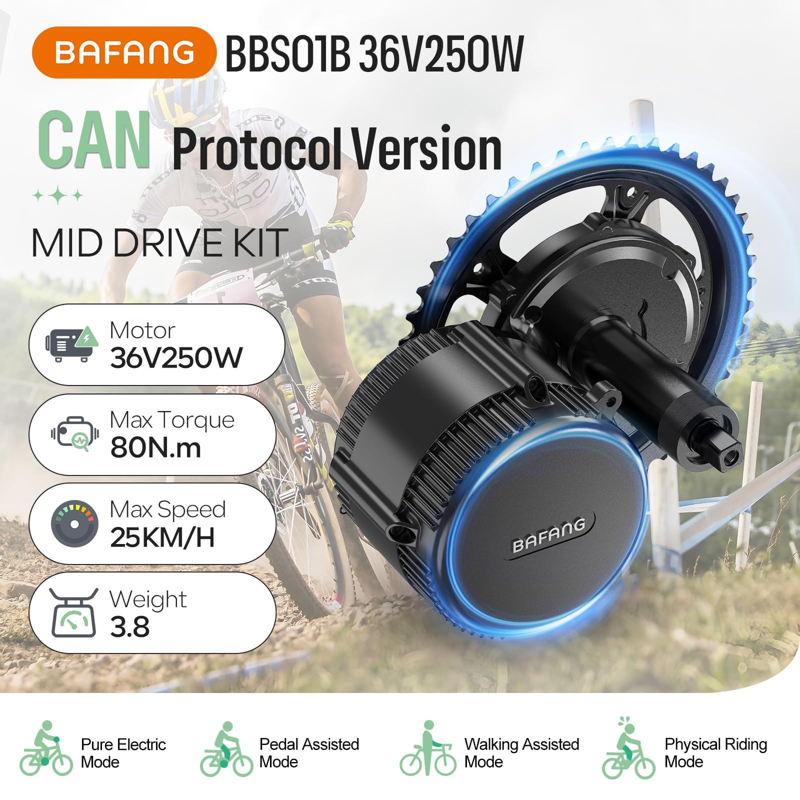 BAFANG Mittelmotor E-Bike Umbausatz 36V 250W Motor mit 36V24Ah Batterie und 8fun DPC010 E-Bike Display Support App, CAN Version Elektrofahrrad Kit für Mountainbike mit BB68-73mm Sport & Freizeit