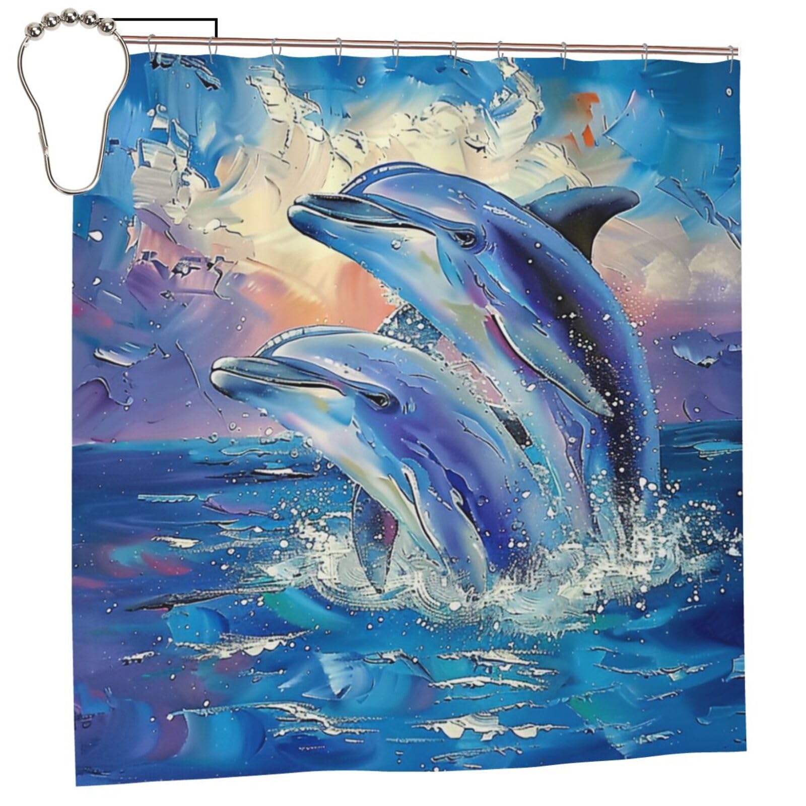 BWWHCCTI Dolphin 1 Printed Shower Curtain With 12 Iron Hooks Opaque Quick Drying Waterproof Shower Curtains Sets For Bathroom 183x183 CM