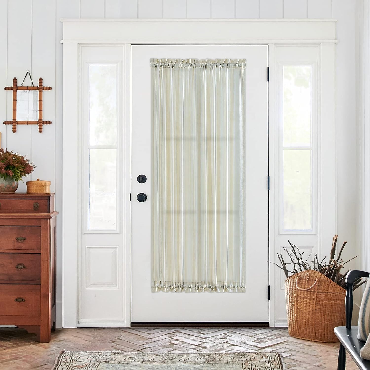 jinchan Sheer French Door Curtains Striped Door Curtains Glass Door Curtains Farmhouse Rustic Door Curtains Cafe Curtains Light Filtering Rod Pocket Voile Window Treatment 1 Panel 52" W 72" L Beige