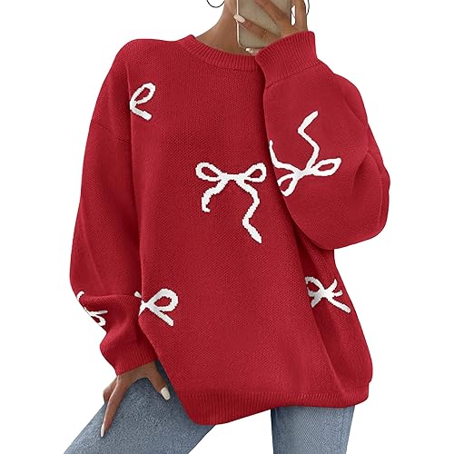 PRETTYGARDEN Fall Long Sleeve Pullover Sweaters for Women 2026 Trendy Crewneck Casual Cute Bow Chunky Knit Oversized Sweater