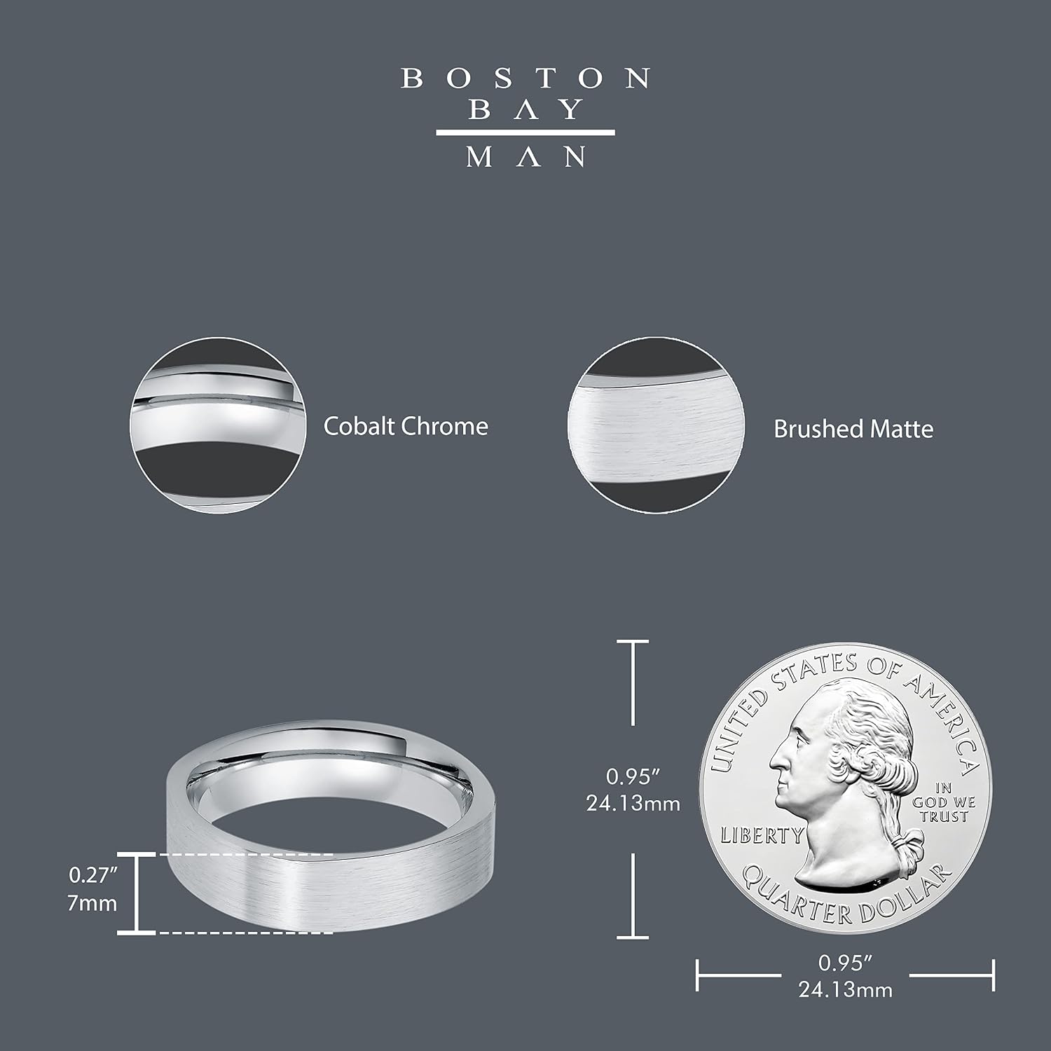 Boston Bay Diamonds Silver Cobalt Chrome Unisex Comfort Fit Mens Wedding Band or Fashion Ring - 6mm & 7mm - Choice of Style