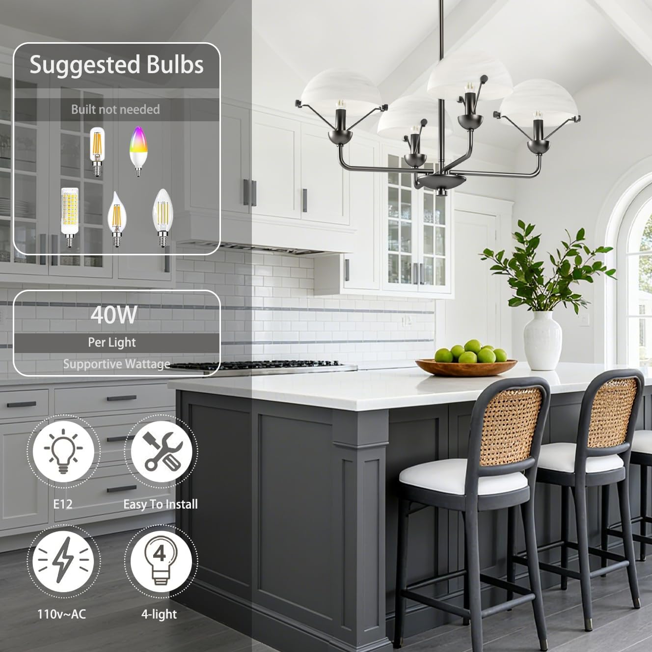 Maxax 4-Light Modern Chandelier, Contemporary Ceiling Pendant Light Fixture with Frosted Cloud Glass Shades, Electroplated Space Gray Finish for Living Room, Dining Room, Bedroom, Foyer
