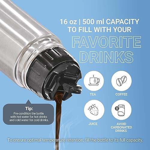 Miniatura 5 de Milton Thermosteel - Tapa abatible 500, termo de doble pared aislada al vacío de 16 onzas, botella de agua fría y caliente las 24 horas con tapa,