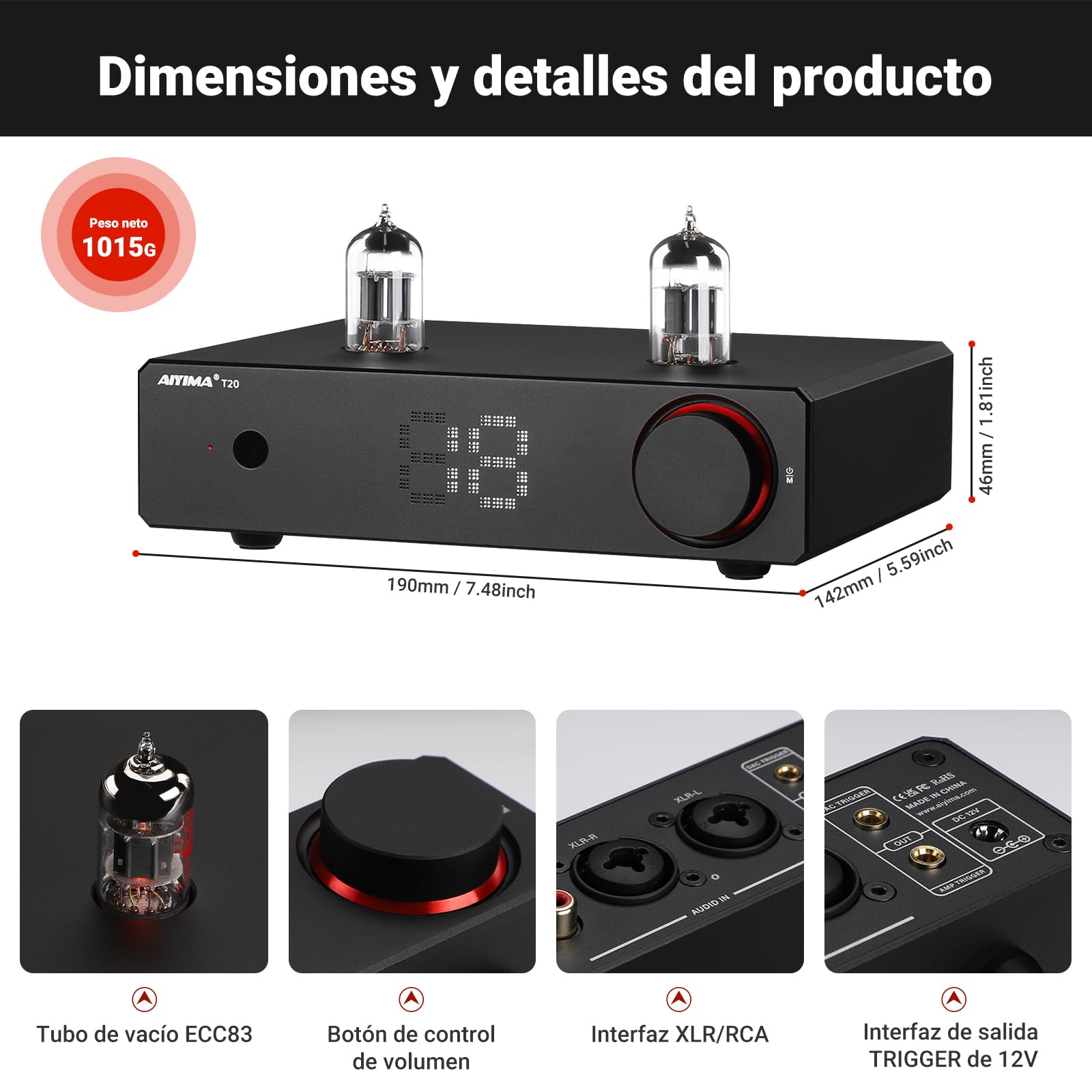 AIYIMA T20 Preamplificador de válvulas Totalmente balanceado LME49720 para HiFi Home Audio Preamplificador de minitubos de vacío con entradas y Salidas RCA y XLR y Salida de Disparo de 12 V