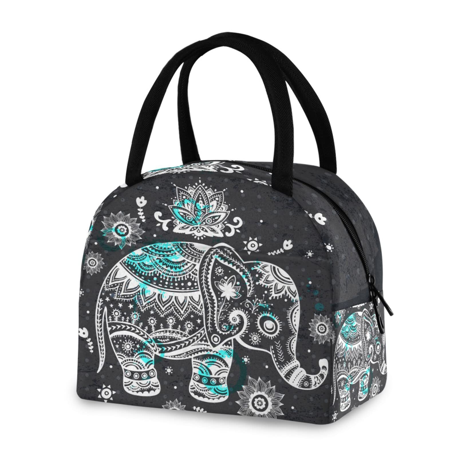 ZZKKO Indian Lotus Ethnic Elephant Lunch Bag Box Tote Organizer Lunch Container Insulated Zipper Meal Prep Cooler Handbag for Women Men Home School Office Outdoor Use