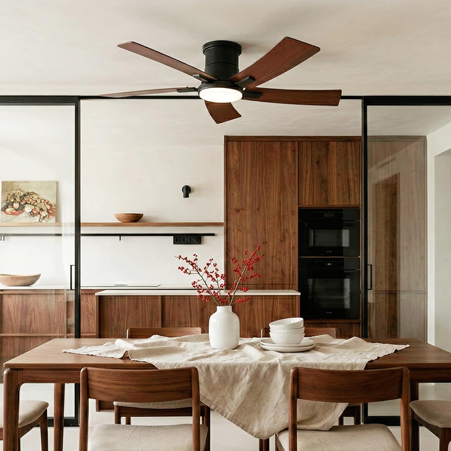 Newday ceiling fan installed in a modern kitchen and dining area.