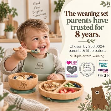 Bubba Bear Baby Bamboo Weaning Set | Toddler & Babies Plates & Bowls with Suction | Childs Led Feeding Plate, Bowl and Spoon Set | Wooden Dinner Essentials Sets for Kids | Eco Friendly & BPA Free