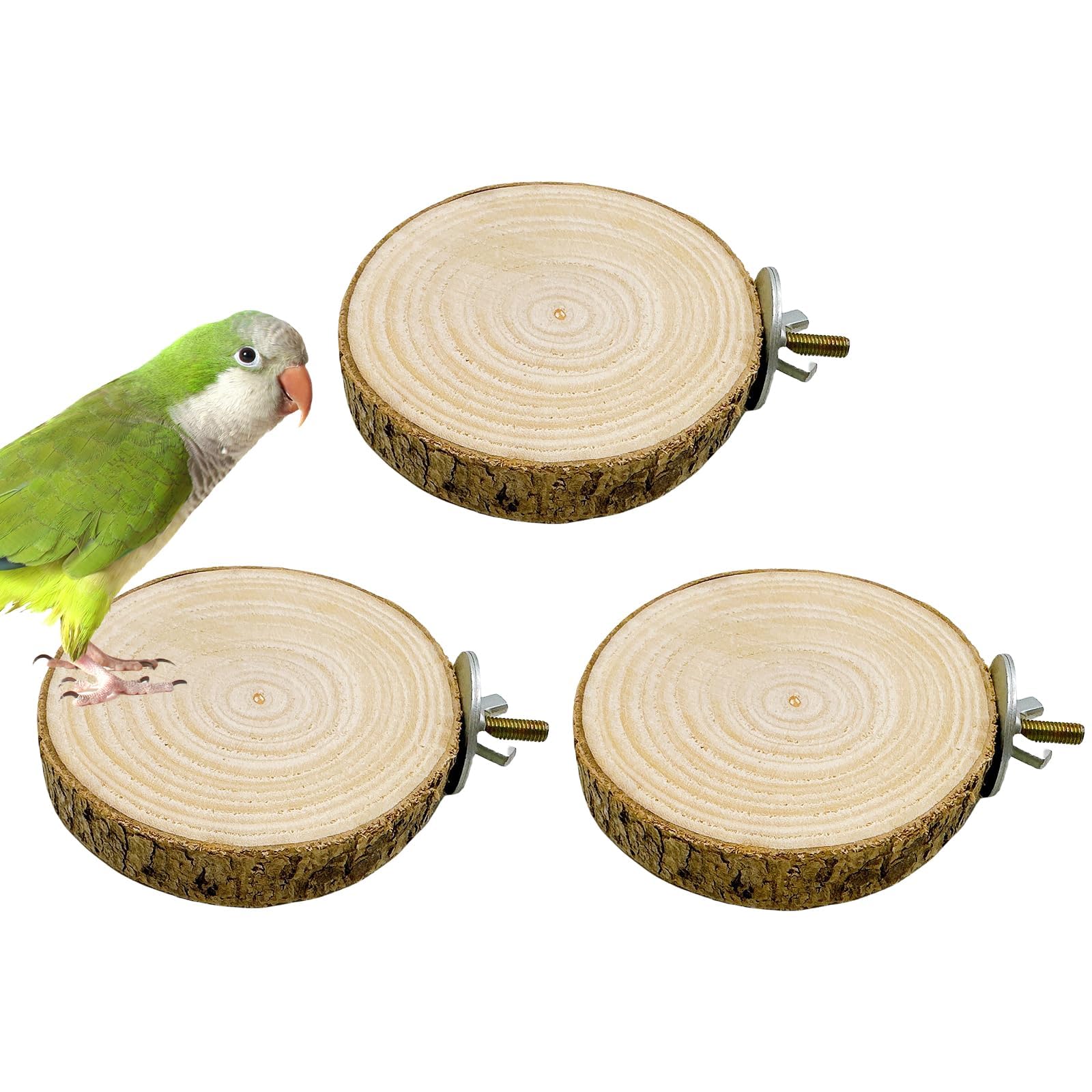 Hamiledyi 3PCS Perch Platform for Bird Cage Natural Round Wooden Stand Platform Bird Toy for Parakeet Cockatiel Parrot Budgie Sparrow Hamster Canary Bears
