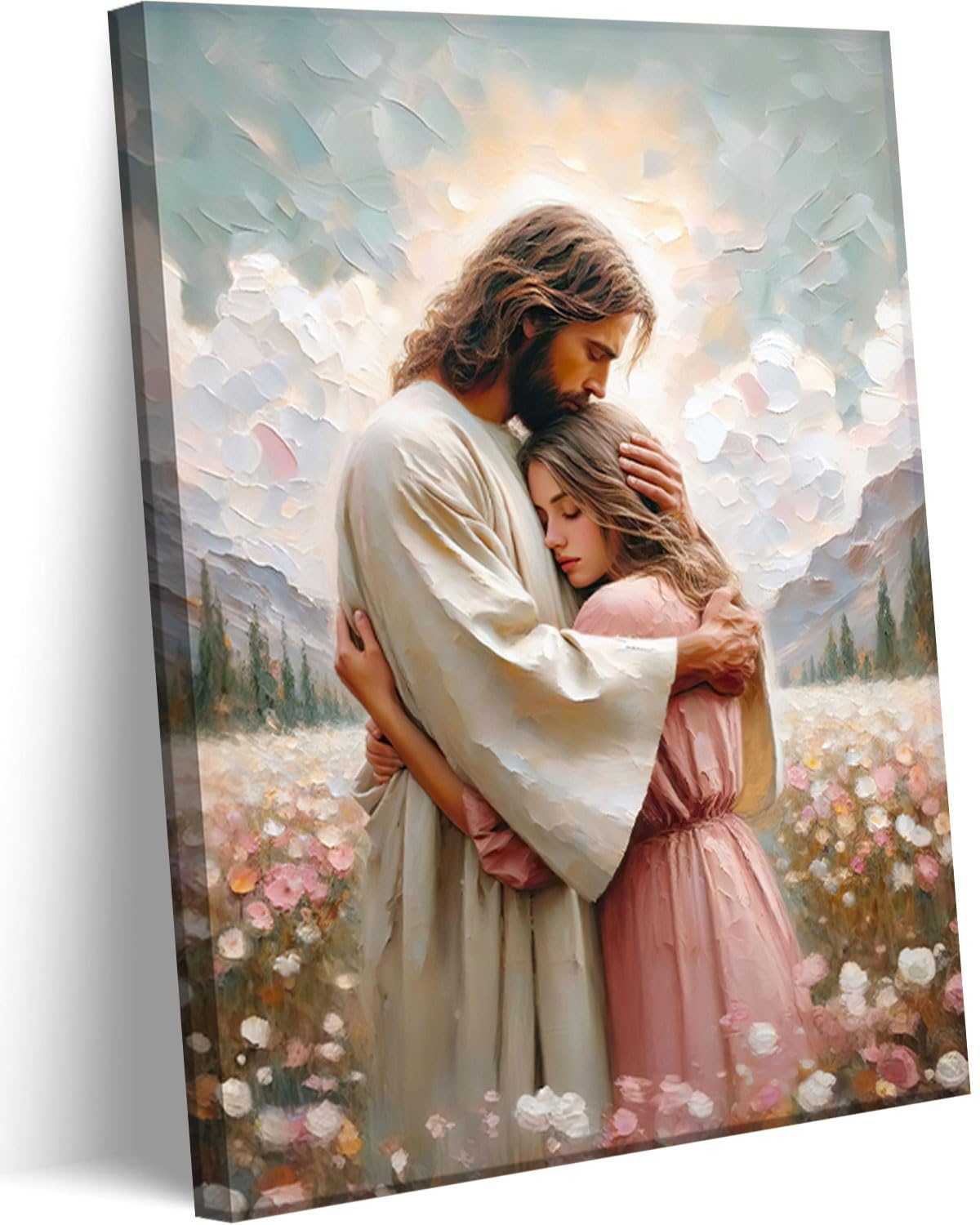 Jesus Hugging woman Canvas Wall Art Embracing Woman Safe in His Arms Decor Picture Christian Paintings Prints Christ Poster for Bedroom Living Room