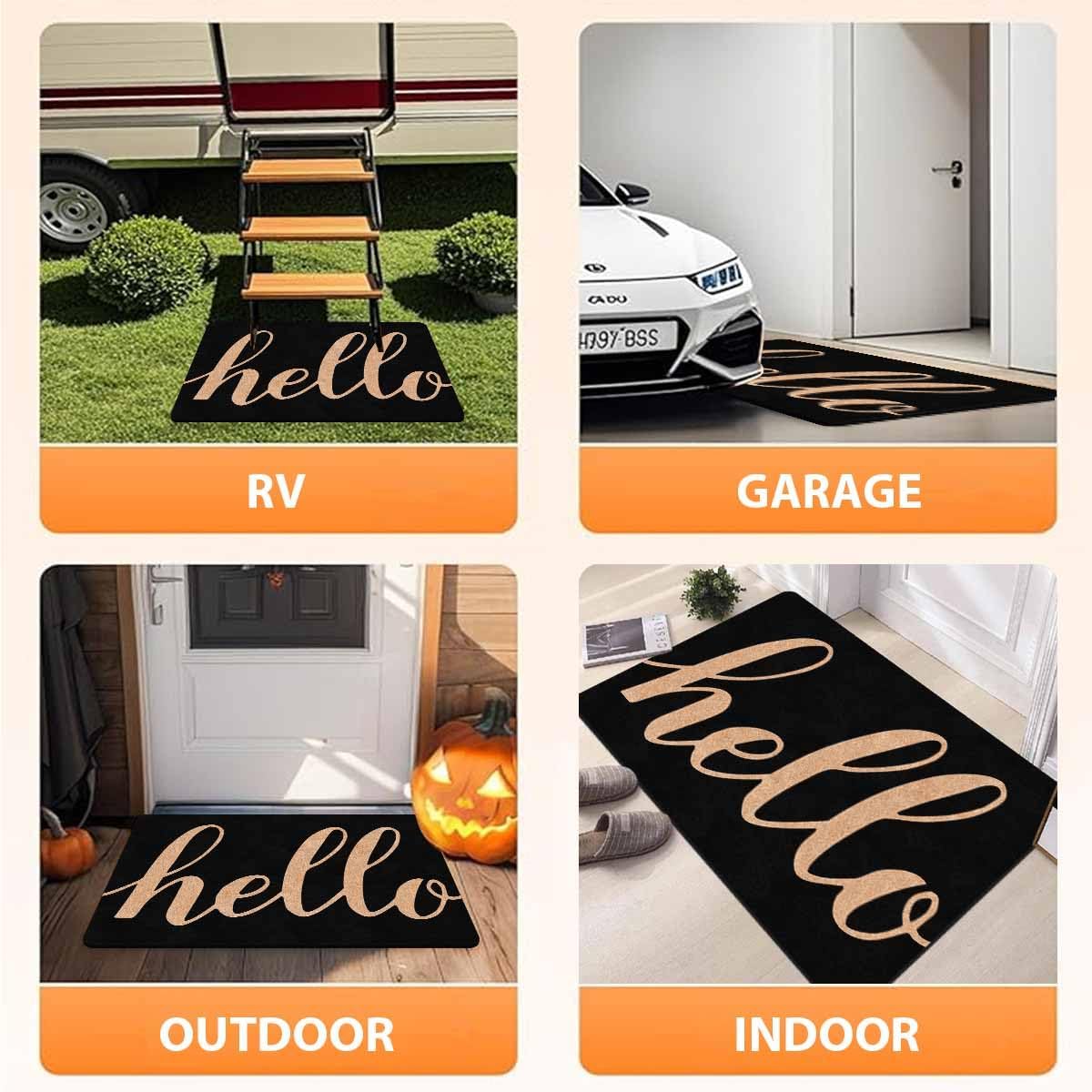 Black 'Hello' Welcome Doormat for Front Door,Summer Home Decor,Low-Profile Switch Rug Porch Door Mat Floor Mat for Indoor Outdoor RV 30"x18"