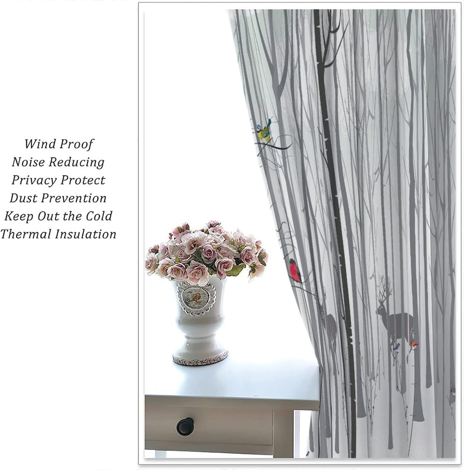 Tree Birds Bathroom Curtains,Abstract Watercolor Birch Tree Bullfinch Deer Forest Home Decor Window Rod Pocket Curtain for Living Room Bedroom W42xL63in