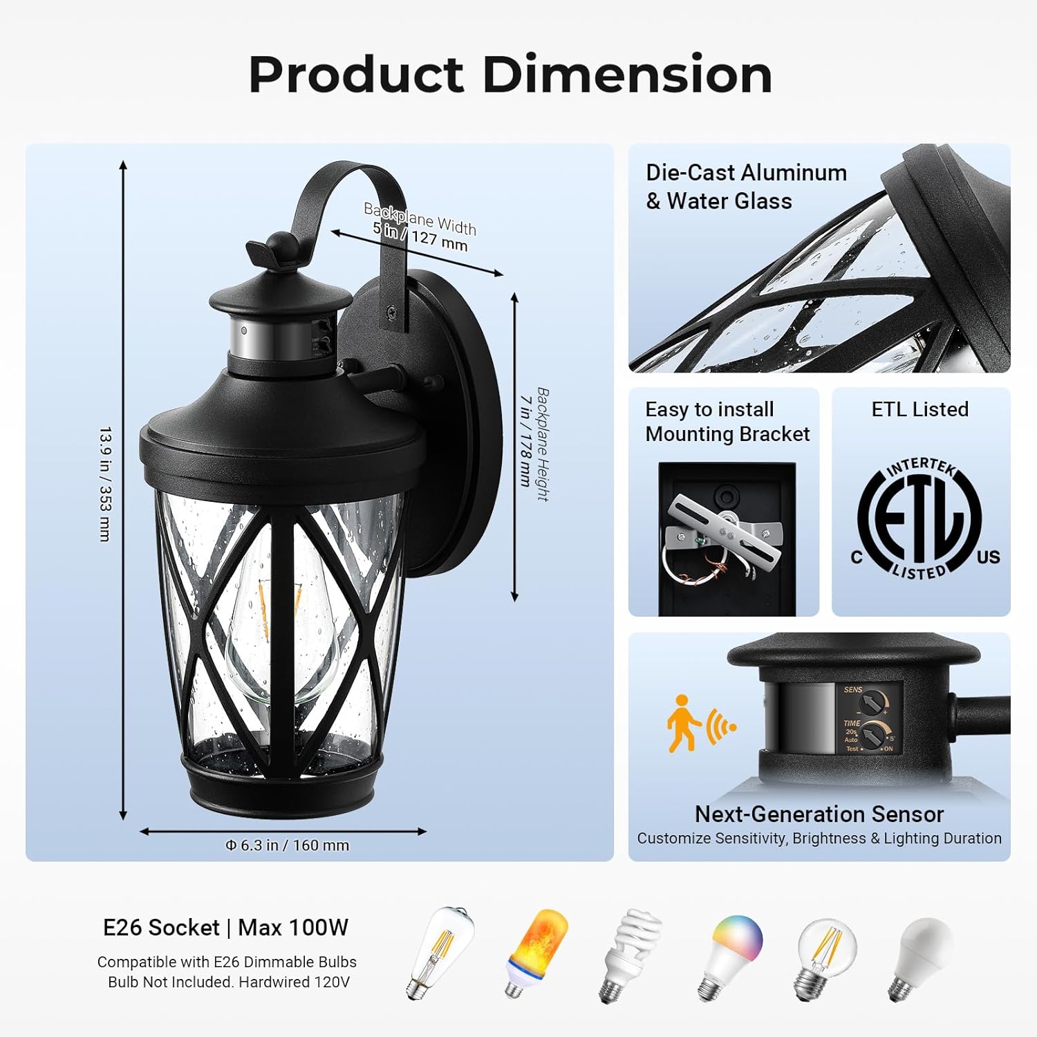 VIANIS Exterior Lighting Fixtures, Black Outdoor Motion Sensor Light, 2-Pack Outdoor Lanterns for Porch, Anti-Rust Dusk to Dawn Sensor Wall Mount, Modern Exterior Wall Sconce Outside Lights for Patio
