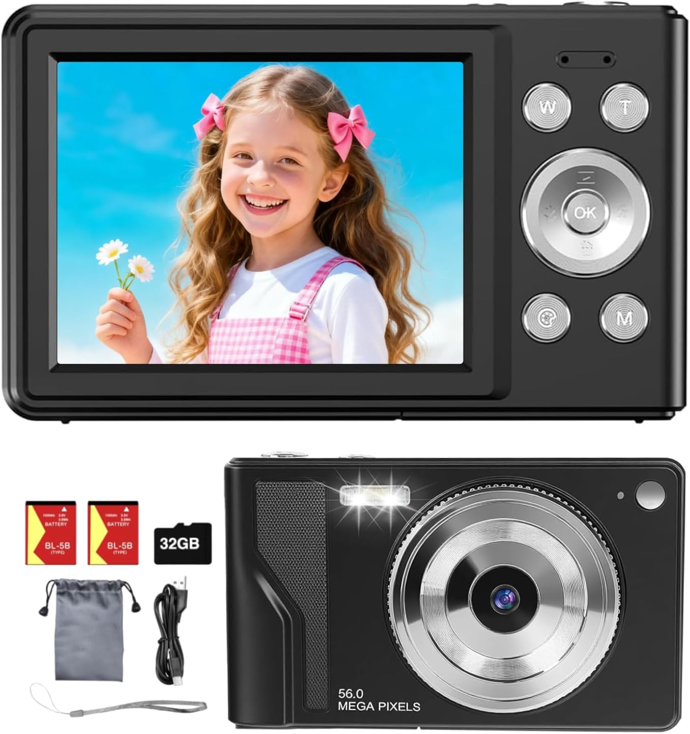 Digital Camera for Kids, Teens & Beginners - 56MP 1080P FHD, 16X Digital Zoom, 2.8" LCD, 32GB TF Card & 2 Batteries, Compact Point-and-Shoot, Portable Starter Camera - Black