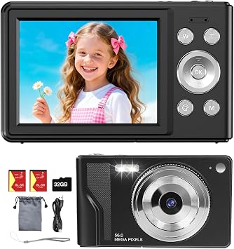 Digital Camera for Kids, Teens & Beginners - 56MP 1080P FHD, 16X Digital Zoom, 2.8" LCD, 32GB TF Card & 2 Batteries, Compact Point-and-Shoot, Portable Starter Camera - Black