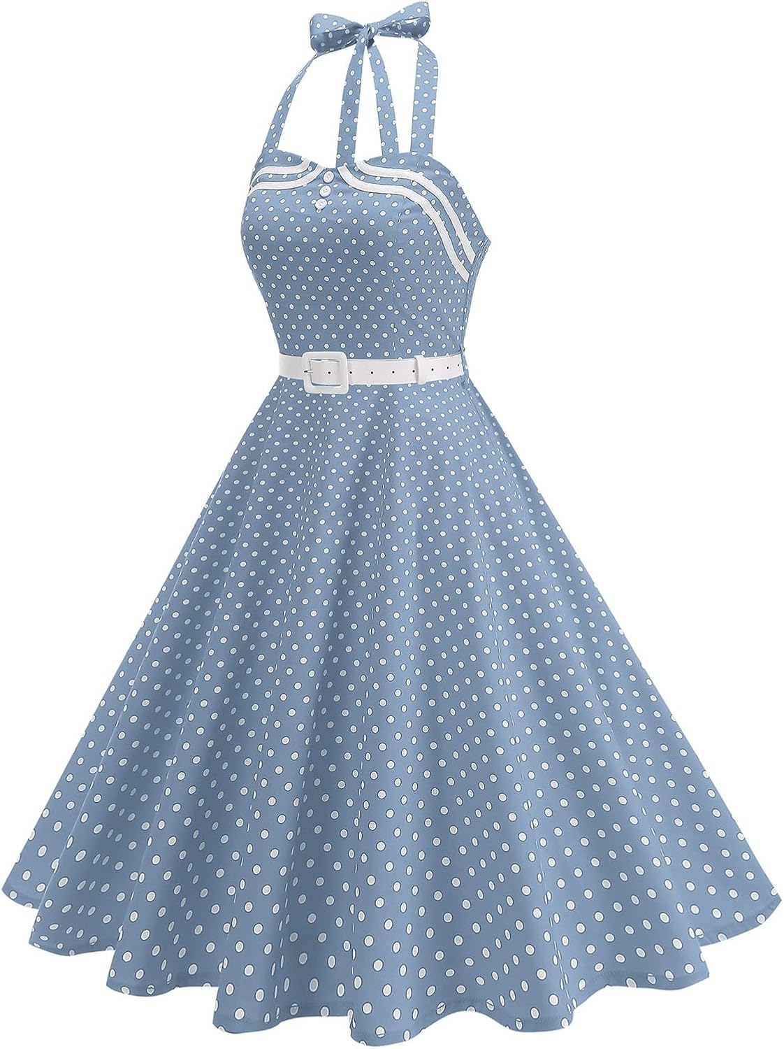 Womens Polka Cocktail Swing Dresses: 50s Vintage Buttons Belted Halter Neck - Audrey Hepburn Style Dress for Prom Party - Image 3