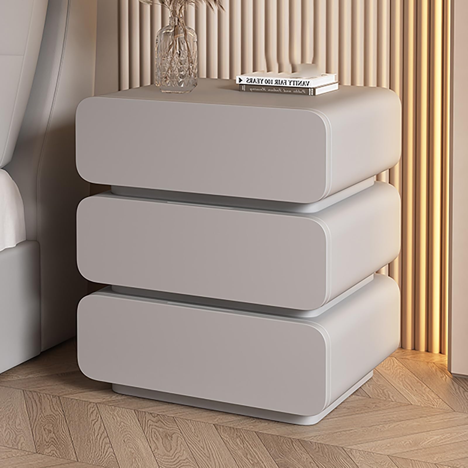 SXZenSpace Light Gray Wooden Nightstand SpaceSaving Bedside Table with 3 Drawers & Hidden Handle Stylish Storage Cabinet for Bedroom Living Room Office (45cm)
